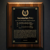 A 8 X 10 walnut wooden plaque with a black colored brass steel plate featuring gold text and emblem for 'Secretariat (VA)' 
